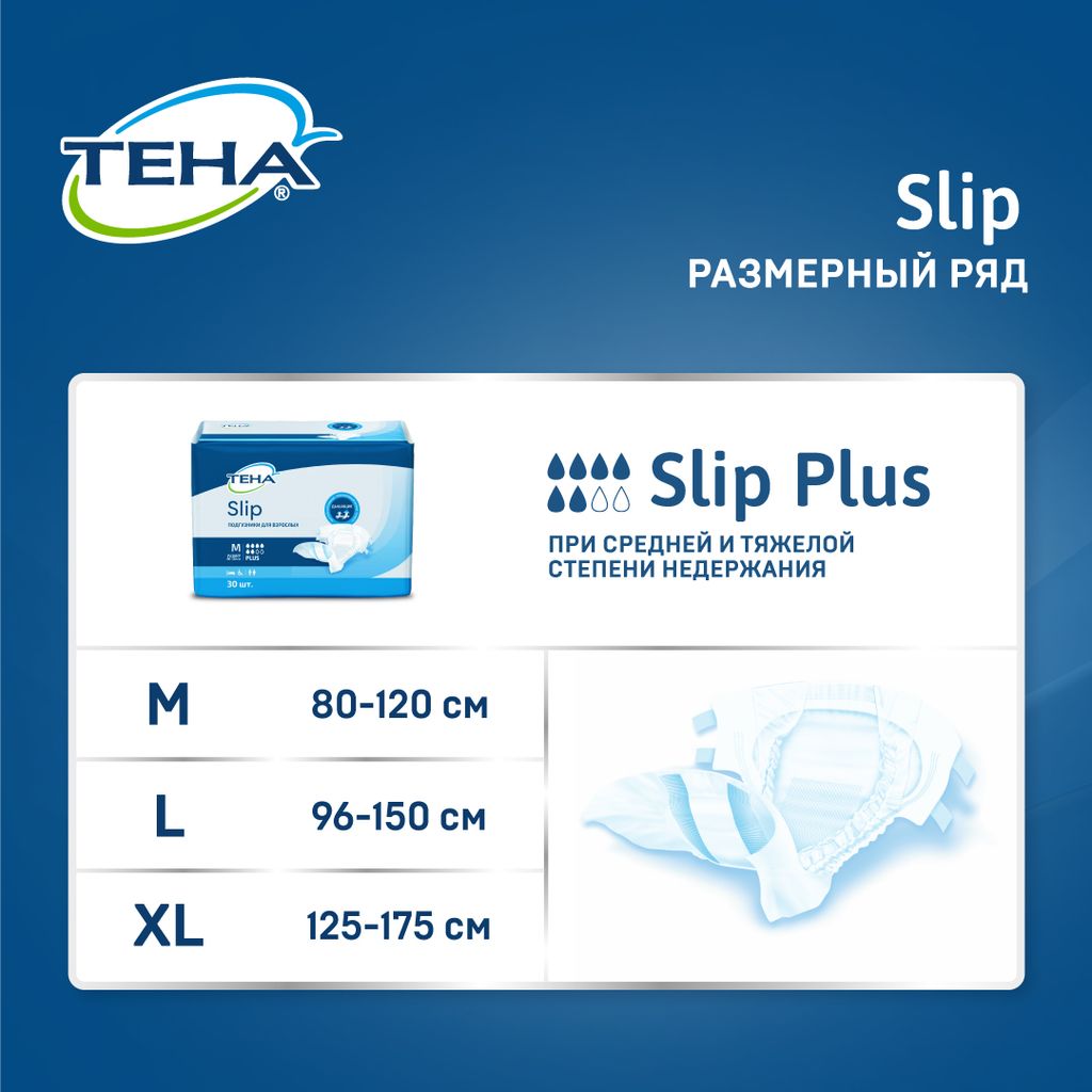 Подгузники для взрослых Тена Slip Plus, Medium M (2), Plus (6 капель), 10 шт.