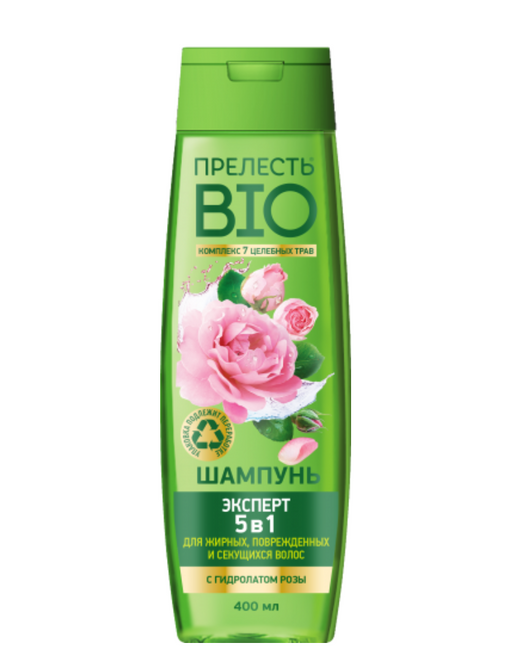 Прелесть BIO Шампунь эксперт 5в1 с гидролатом розы, шампунь, для поврежденных и секущихся волос, 400 мл, 1 шт.