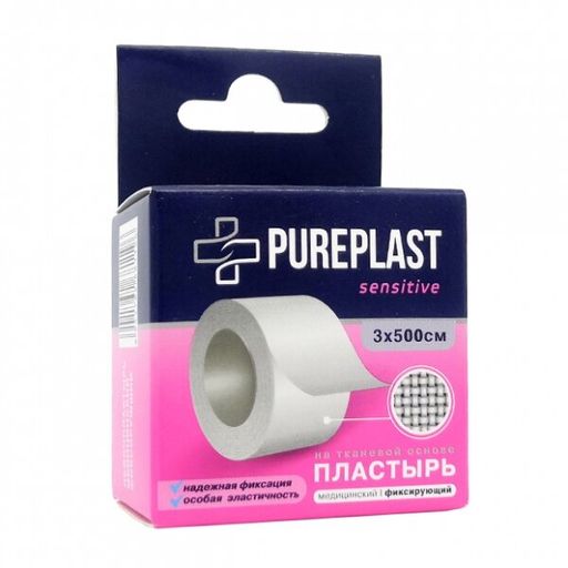 Pureplast Пластырь фиксирующий, 3х500, пластырь, тканевая основа, 1 шт.
