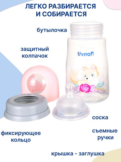 Uviton Бутылочка для новорожденных с широким горлышком, 0228/02, розовая, 250 мл, 1 шт.
